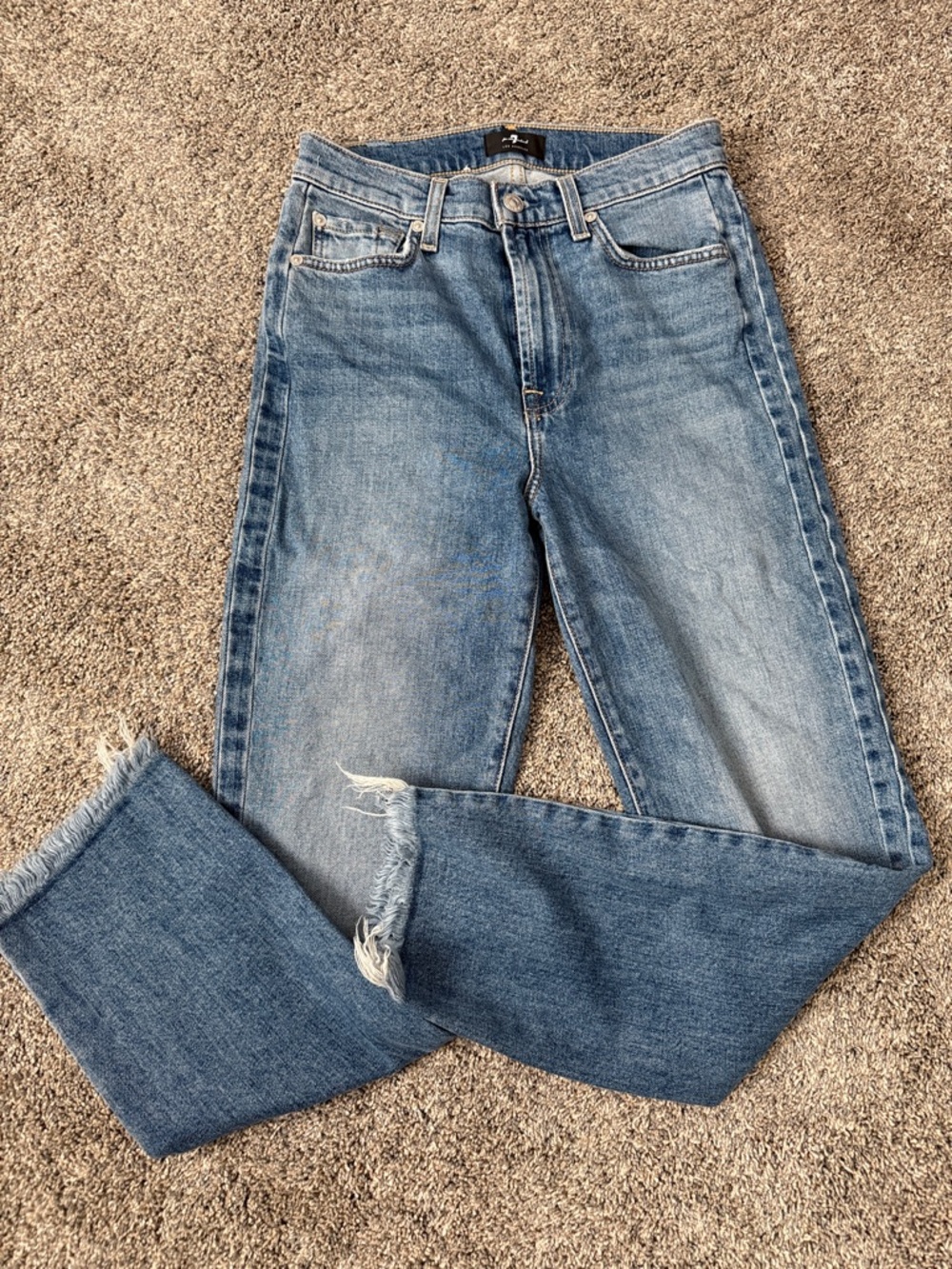 7 for All Mankind Light Wash Straight Leg Jeans with Raw Hem